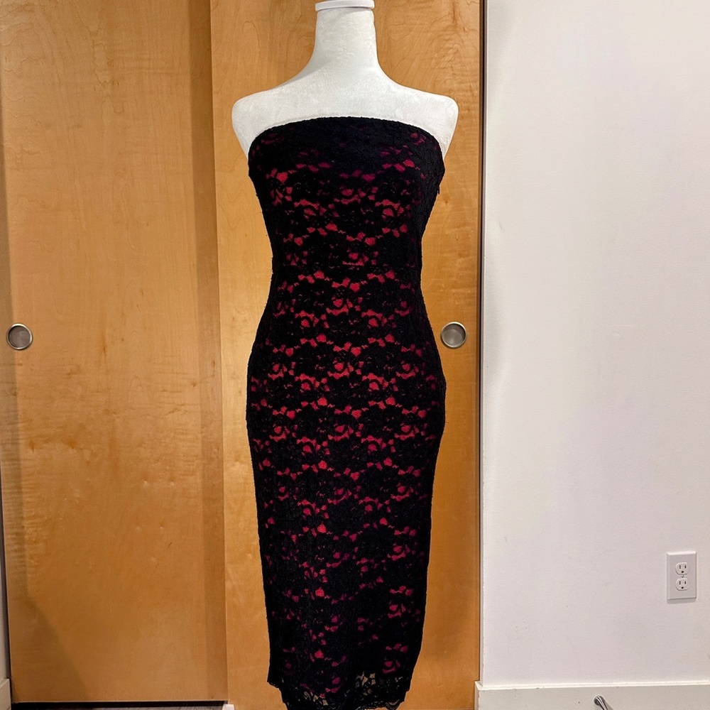 Express Black and Pink Bodycon Strapless Knee-Length Cocktail Dress